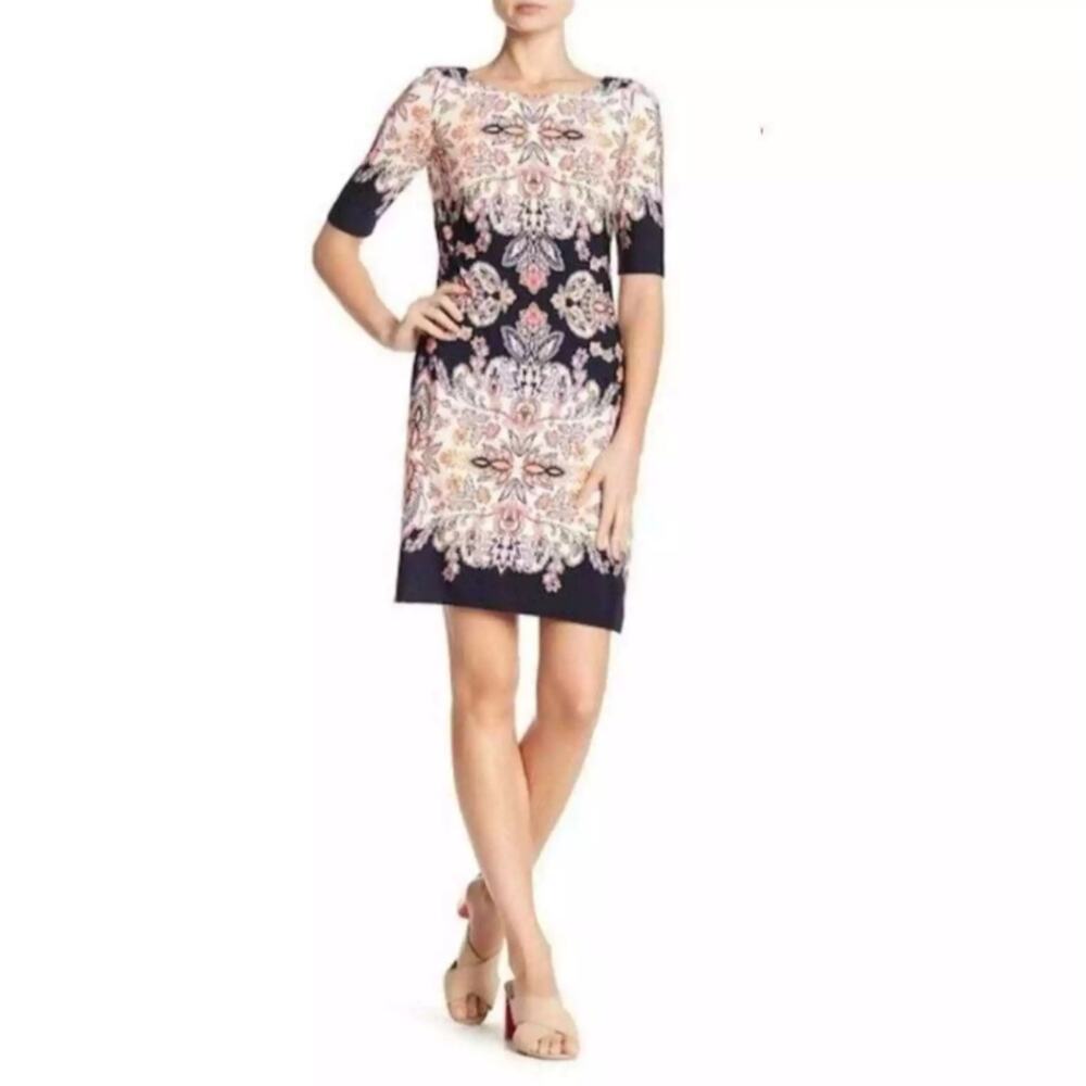 Eliza J Floral Shift Dress Boat Neck Short Sleeve Size 4 Vacation Pink Navy
